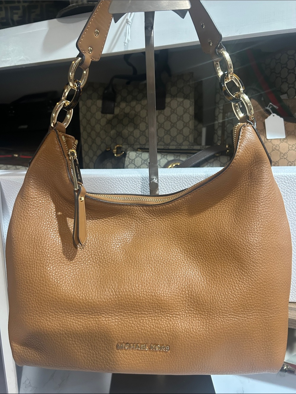Michael Kors Cognac Pebbled Leather Shoulder Bag with Gold Chain